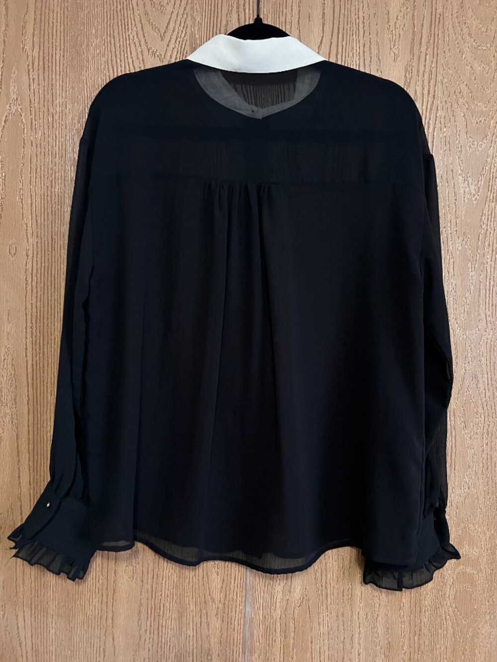 Zara Sheer Black Tuxedo Blouse White Collar Ruffle Front Size L - Picture 7 of 7